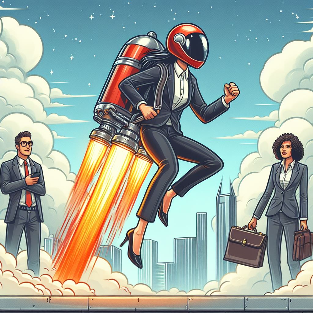 A person riding a jetpack to work, while others look on in envy or disbelief. The person is wearing a suit and a helmet, and has a briefcase in one hand. The jetpack is red and has flames coming out of it. The background is a city skyline with skyscrapers and clouds. The image has a cartoonish style and bright colors.
