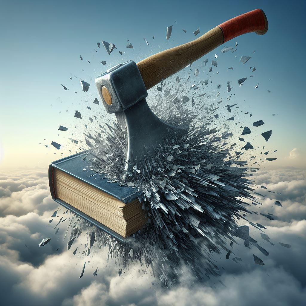 axe shattering against a book