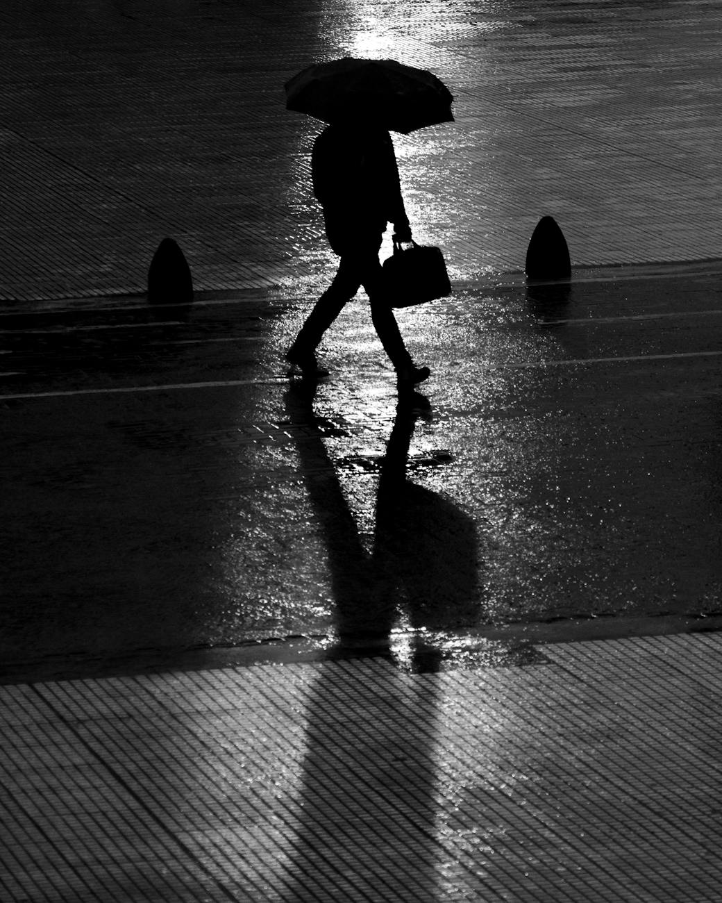 pedestrian with umbrella and briefcase walking on street